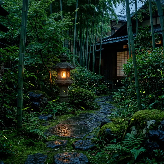 Fireflies glowing among bamboo grass and moss-covered stones at dusk