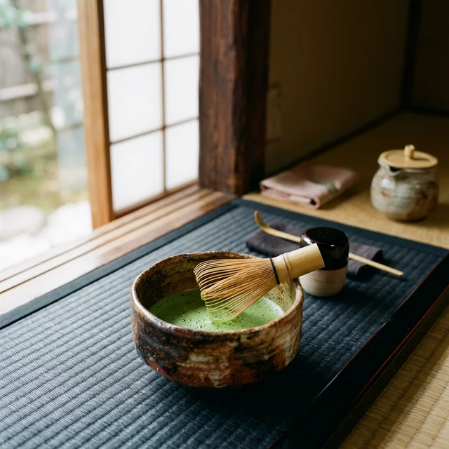 Matcha preparation on dark ceramic