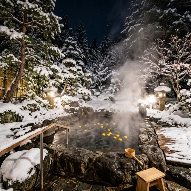 Snow-covered pines and steam rising from the outdoor rotenburo at night