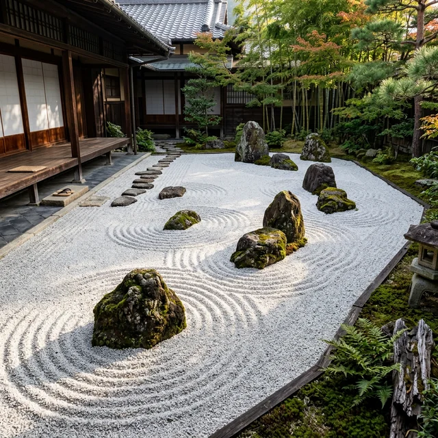 Raked gravel zen garden in morning light
